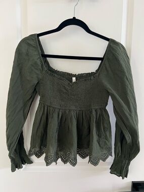 American Eagle Outfitters Olive Green Smocked Peplum Blouse